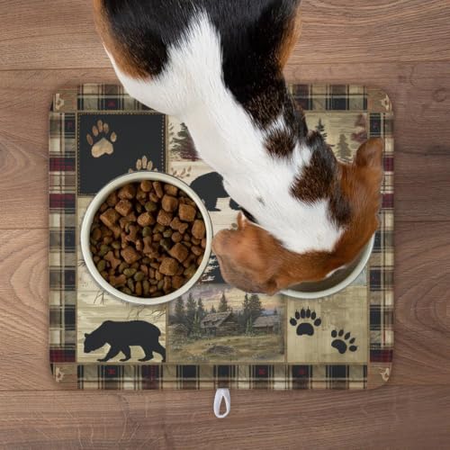 Black Bear Dish Drying Mat Forest Cabin Decorative Dishes Pad 16x18 Inch Absorbent Fast Dry Dish Drainer Rack Mats for Kitchen Counter Sink (Black Bear / 16" x 16")