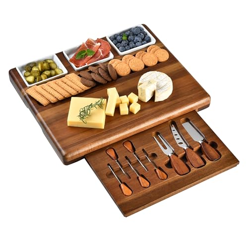 Large Acacia Wood Charcuterie Board Set with 3 Removable Ceramic Bowls & Serving Utensils (16" x 12" x 1.5")
