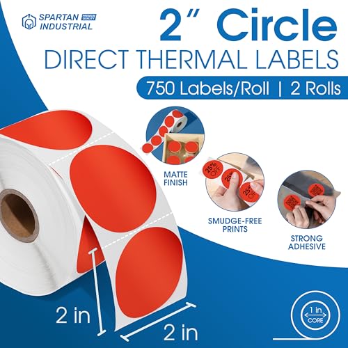 2" Circle Fluorescent Red Direct Thermal Labels (Red)