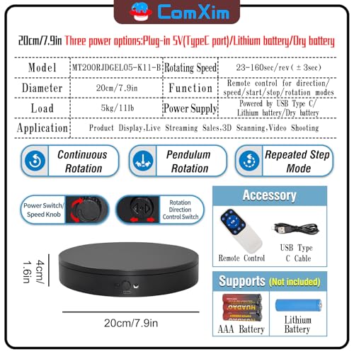 Motorized Rotating Display Stand with Remote (7.87inch/Black/11Lbs Load)