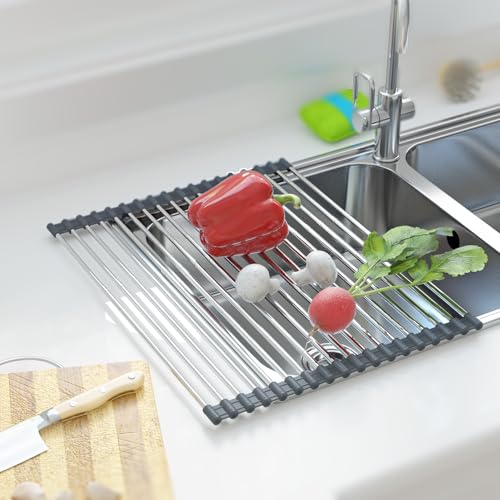 Expandable Roll Up Dish Drying Rack Over The Sink Rack (Gray+silver Expandable)