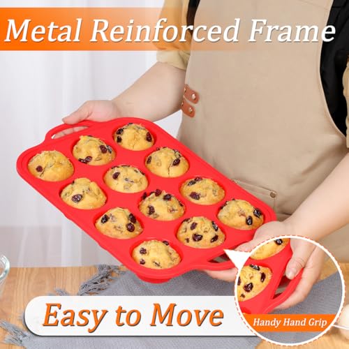 Silicone Muffin Pan with Metal Reinforced Frame Regular Size Muffin Pan with Handle Easy to Move 12 Cups for Baking Nonstick Muffin Tin BPA Free 1 Pack Red (Metal Framed: 12-Cup Regular)