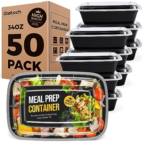100-Piece (50-Pack) 34 OZ Meal Prep Containers Reusable with Lids, Sturdy Leakproof & Food Safe, Microwave, Freezer, Dishwasher Safe To Go Food Containers, Plastic Take Out Containers, Black (34oz-50pc)