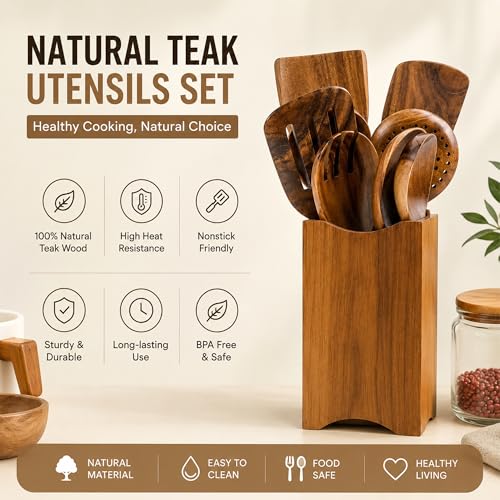 Premium 8 Piece Teak Wood Cooking Utensil Set (8-Piece Wooden Cooking Utensil Set)