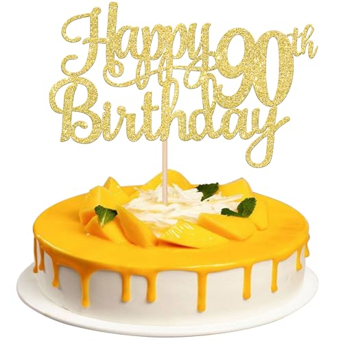 1 PCS Happy 90th Birthday Cake Topper Gold Glitter Cheers to 90 Years Birthday Cake Pick 90 Fabulous Cake Decoration for Happy 90th Birthday Theme Party Decorations Supplies (Gold / 90th)