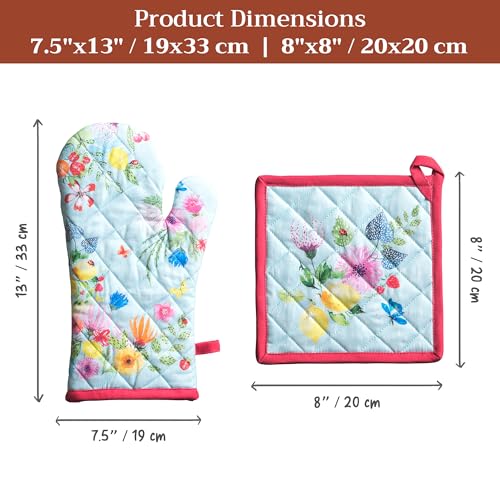 100% Cotton Oven Mitt & Pot Holder Set (093 - Jardin D'ete - Mint / 7.5" x 13" & 8" x 8" (Oven Mitt & Pot Holder))