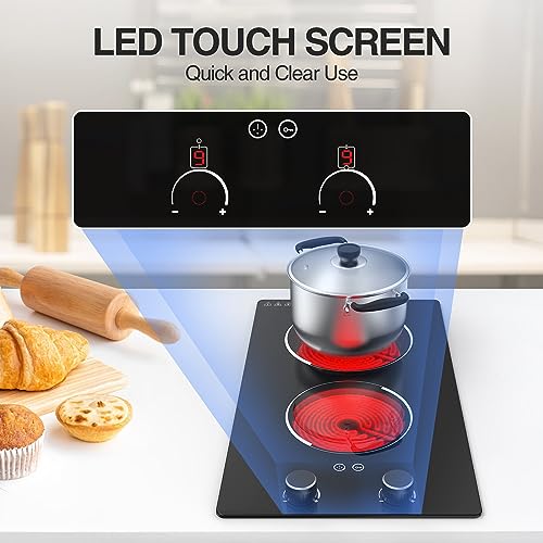 110v Electric Cooktop 2 Burners 12'' Electric Stove Top Knob Control (Black 2 Burner)