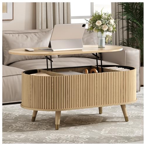 Oval Lift Top Coffee Table with Storage for Living Room (Warm Oak)