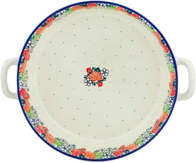 Polmedia Polish Pottery Round Baker with Handles 10-inch - Spring's Arrival Pattern Handmade in Boleslawiec Poland by Ceramika Artystyczna + Certificate of Authenticity