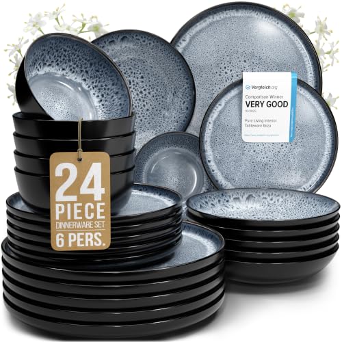 24 Piece Stoneware Dinnerware Set for 6 (Dark / Smoke Blue / Set for 6 (24pcs))
