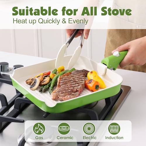 17 Piece Ceramic Detachable Handle Pots and Pans Set Green (Green / 17 Piece)