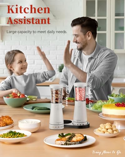 Electric Salt and Pepper Grinder Set with Storage Base (Matte White)