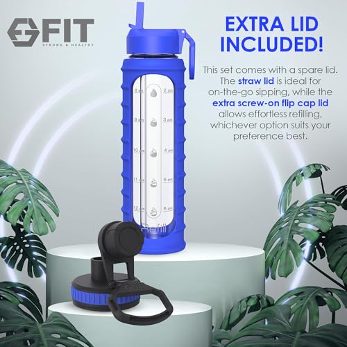 32 oz Glass Water Bottle with Time Marker (Ribbed Royal Blue Sleeve)
