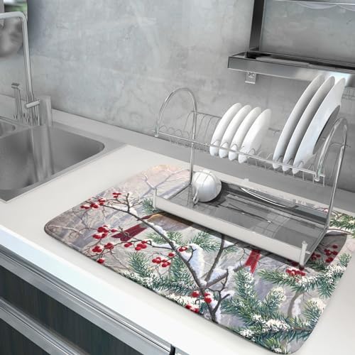 Red Bird Dish Drying Mat Merry Christmas Dishes Pad Absorbent Fast Dry Dish Drainer Mat Protector for Kitchen Counter 18 x 24 Inches (red bird / 18" x 24")