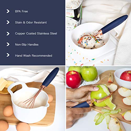 Kitchen Gadget Set Copper Plated Stainless Steel Utensils with Soft Touch Handles (7 Pieces / Copper Navy)