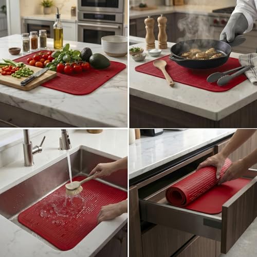 Silicone Dish Drying Mat for Multiple Usage (Red / 24"L x 18"W)