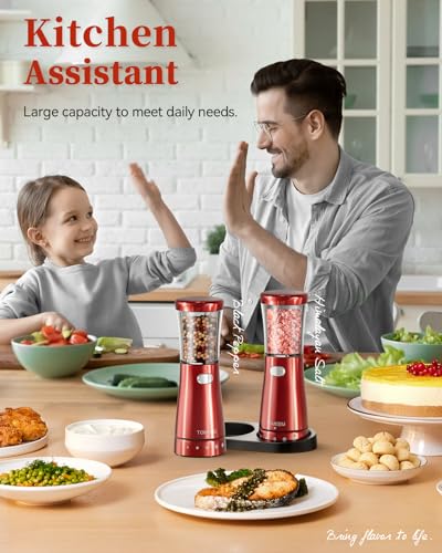Electric Salt and Pepper Grinder Set with Storage Base (Bright Red)