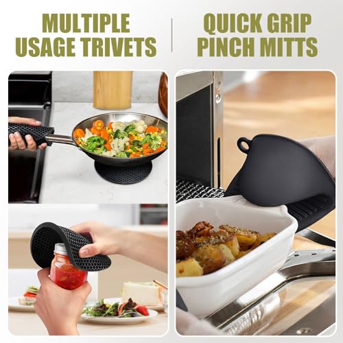 Silicone Oven Mitts and Pot Holders Sets (Black)