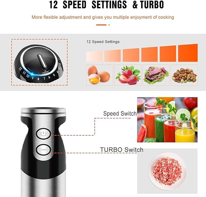 3-in-1 Immersion Hand Blender, Powerful MOTOR 12-Speed Stick Blender with Sturdy Titanium Plated Stainless Steel Blades (Black / 3-in-1)