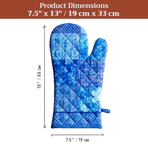 Maison d'Hermine Oven Gloves 100% Cotton Oven Mitt (027 - Indigo Love / 7.5" x 13" (Oven Mitt))
