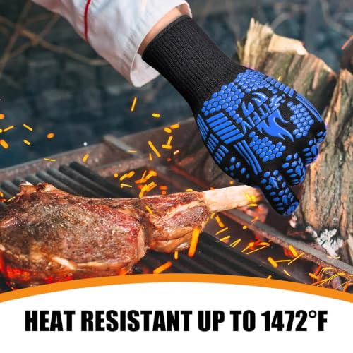 BBQ Gloves 1472°F Heat Resistant with Silicone Grip Oven Mitts (Blue / Long (Glove L 13.78" × Palm W 6.33"))