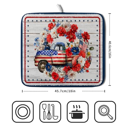 American Flag Dish Drainer Mat Flowers Absorbent Dish Rack Pad for Kitchen Coffee Bar Sinks (Patriotic Truck Blue / 18" x 16")