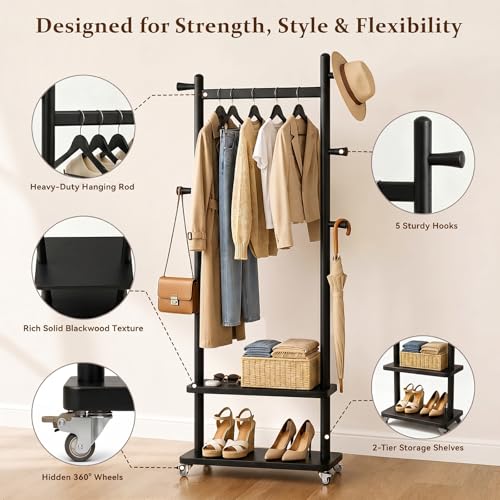 Coat Rack Freestanding Solid Wood Clothes Rack with Wheels