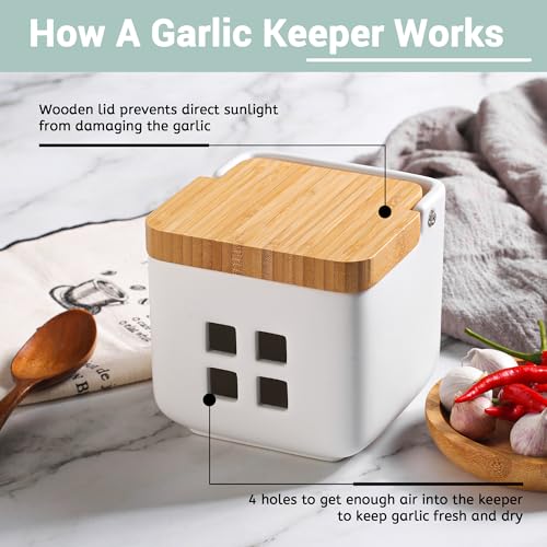 Ceramic Garlic Keeper with Bamboo Lid (White)