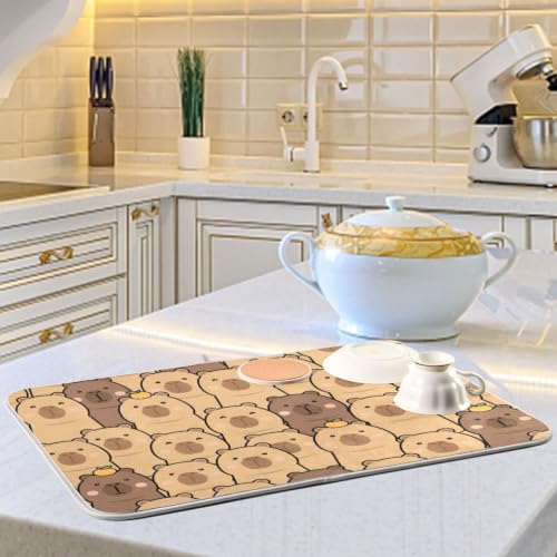 Cute Capybara Orange Dish Drying Mat for Kitchen Counter Absorbent Microfiber Drying Pad (16" x 16")