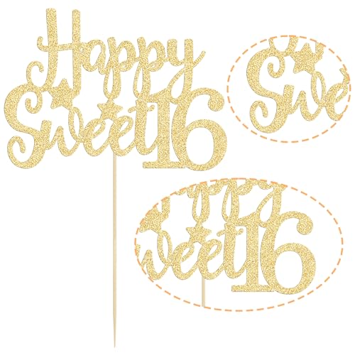 1Pc Happy Sweet 16 Cake Topper Gold Glitter 16th Birthday Cake Topper Sweet 16 Decorations 16th Birthday Decorations
