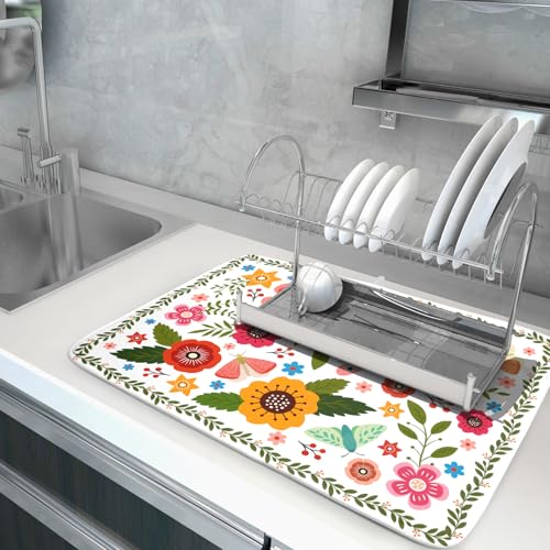 Colorful Boho Floral Dish Drying Mat 18x24 Inch Dishes Dry Pad Drainer Rack Mats Absorbent Hanging Loop Kitchen Counter Bar Accessories (White Boho Floral / 24" x 18")