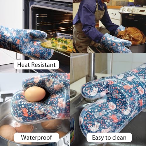 Oven Mitts with Transparent Clear Silicone Shell and Nice Cat Printing (Oven mitts / Navy, Cat)