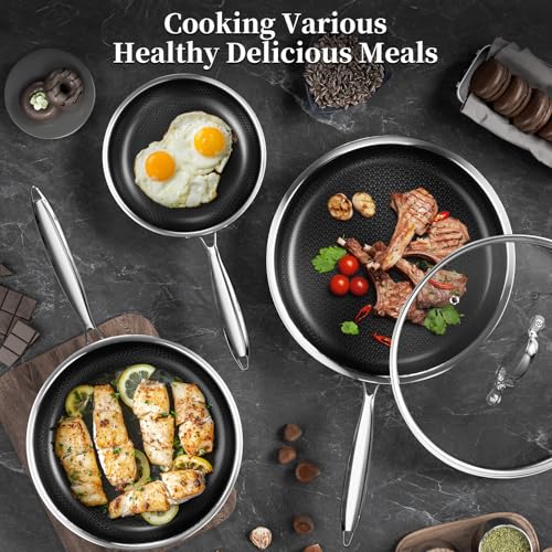 Nonstick Titanium Ceramics Stainless Steel Frying Pan Set (Titanium Ceramic Hybrid Stainless Steel / 8Inch+10Inch+12Inch)