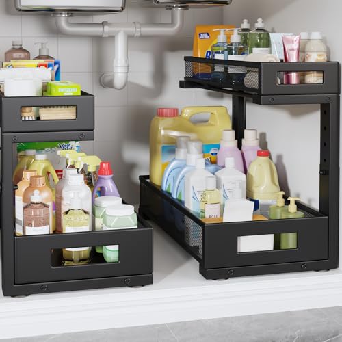 2 Pack 17IN Depth Under Sink Storage Organizer (Black / 2 Pack-17"Dx11.4"-16.14"H)
