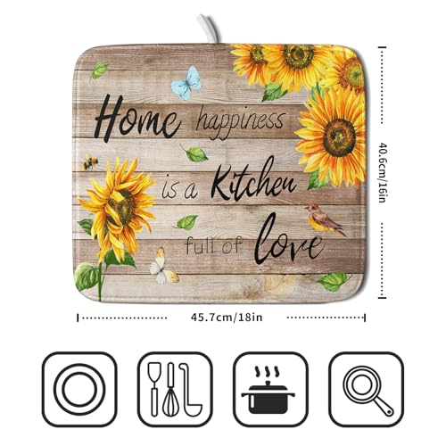 Sunflower Floral Dish Drying Mat for Kitchen Countertop 16x18 inch Rustic Wood Washable Microfiber Absorbent Dishes Drainer Rack Pad (Sunflower Wood Home / 16" x 18")
