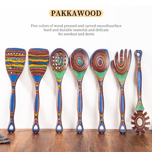Pakkawood 7 Piece Wooden Cooking Utensils (Rainbow)