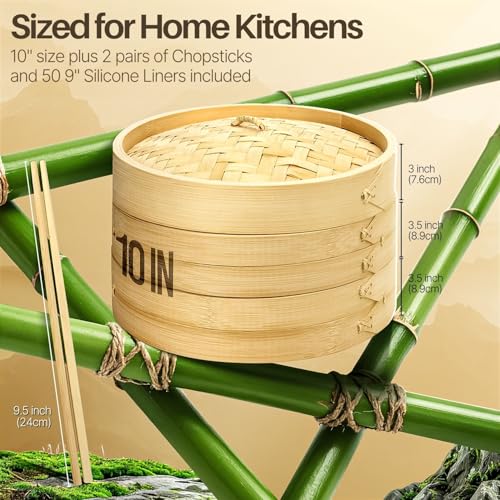 10 Inch Bamboo Steamer Basket Set for Dumplings and Dim Sum