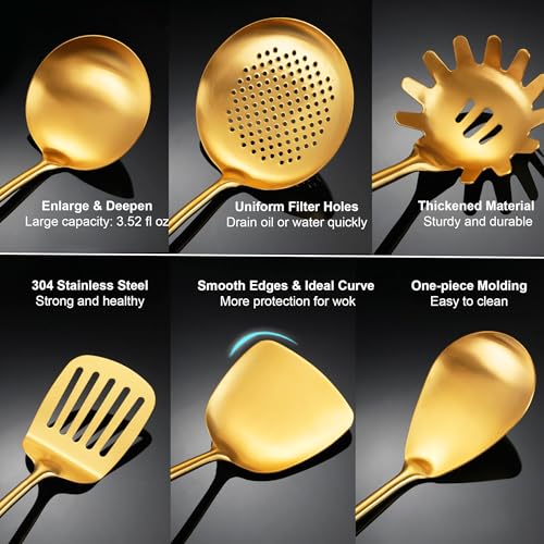 Gold Kitchen Utensils Set Stainless Steel 9 PCS with Wooden Handle (Upgraded Gold-9)