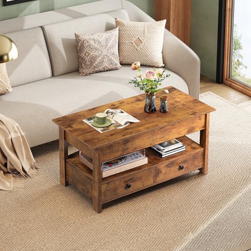 Lift Top Coffee Table with 2 Drawers (Rustic Oak / 39" with Drawer)