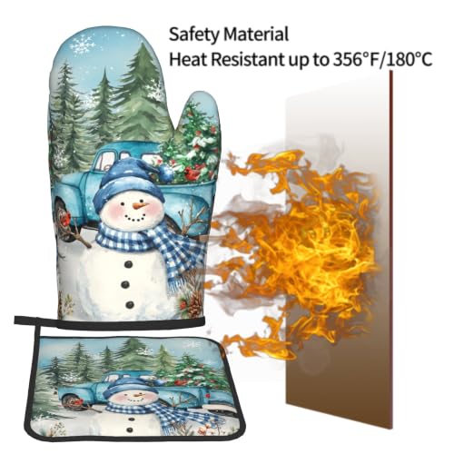 Winter Snowman Blue Oven Mitts and Pot Holder Set of 2 Xmas Truck Decorative Heat Resistant Kitchen Gloves Hot Pad for Baking Cooking Gift (Blue Snowman Truck)