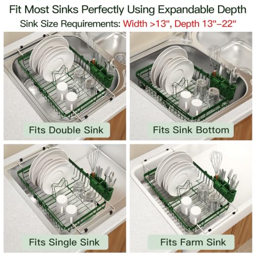 Green Expandable Dish Drying Rack Over Sink with Extra Drying Mat (Green / For 13"-30" W Sink with Mat)