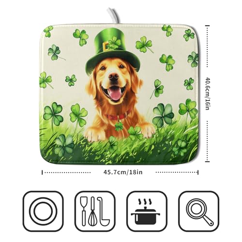 St Patrick's Day Dog Dish Drying Mat 16x18 inch Green Shamrock Dishes Pad Absorbent Microfiber Dish Drainer Mat for Kitchen Counter Coffee (Shamrock Dog / 16" x 18")