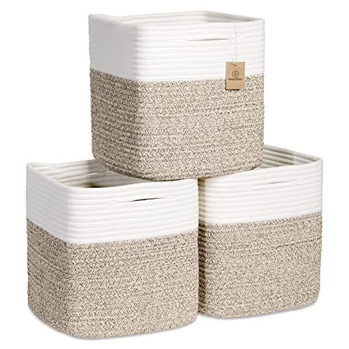 Storage Cubes 11 Inch Cotton Rope Woven Baskets for Organizing (Off White & Mixed Brown)