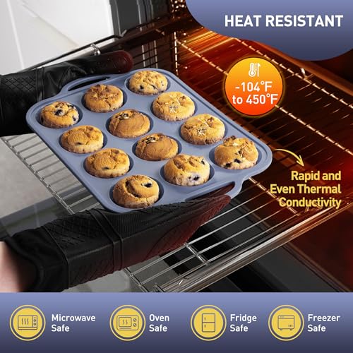 2 Packs 12 Cups Silicone Muffin Pan with Metal Reinforced Frame Regular Size Cupcake Pan Tray Egg Bites Silicone Circle Cookie Molds Muffin Tin Bread Loaf Pans for Homemade Reusable Tart Pans (2pc: 12-Cup Regular / Morandi Pink & Morandi Blue)