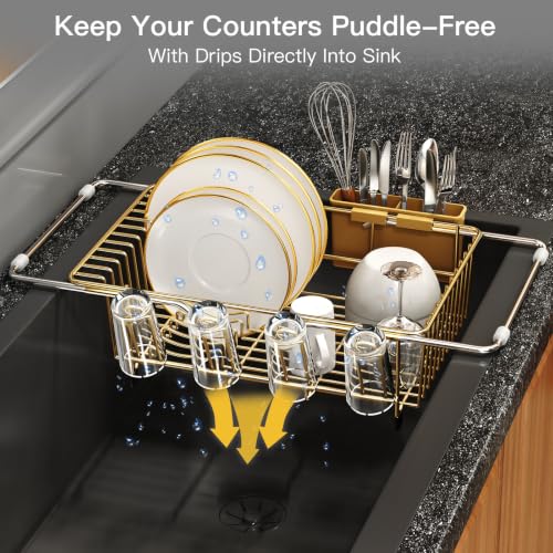 Gold Expandable Dish Drying Rack Over Sink with Anti (Gold / For 11.5"-16" W Sink with Cup Holder)