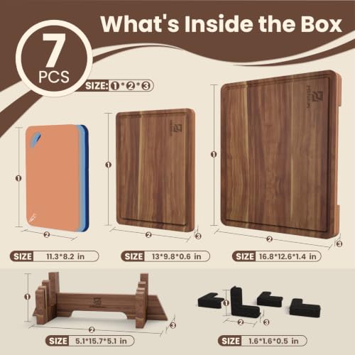 Large Acacia Wood Cutting Board Set for Kitchen with Storage Stand (Brown)