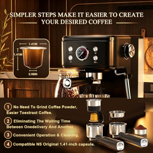 04E 20 Bar Espresso Machine with Milk Frother Steam 1100W Black (Classic-Matte Black)