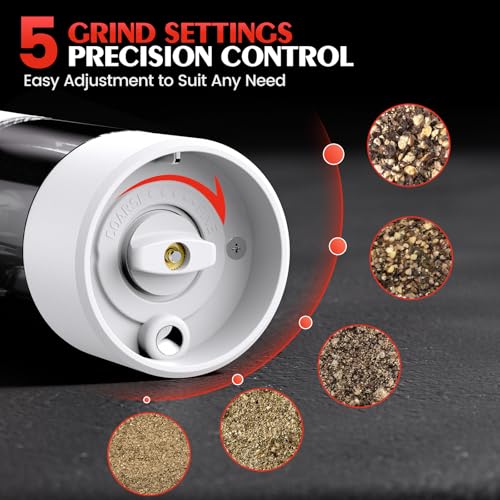 Electric Salt and Pepper Grinder Set Automatic Battery Pepper Mill Shakers Kitchen Gadgets Adjustable Coarseness Upgraded Larger Capacity with Led Birthday Gifts for Women (White/White)