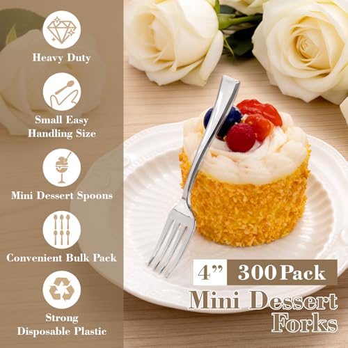 300 Pieces Silver Mini Forks 4 Inches Silver Appetizer forks Forks Plastic Tasting Forks Perfect for Weddings Small Appetizers and Desserts (Silver / Mini Forks)