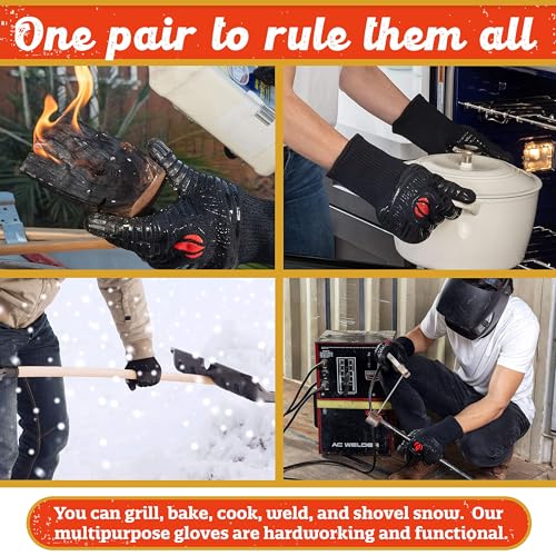 Grill Gloves Heat Proof for Men Grilling BBQ Heat Resistant Gloves (Gray / Mid Cuff - Large Palm)